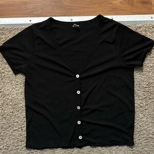 Black V-Neck Button Front Women's Md Crop Top Ruffled Hem Like New